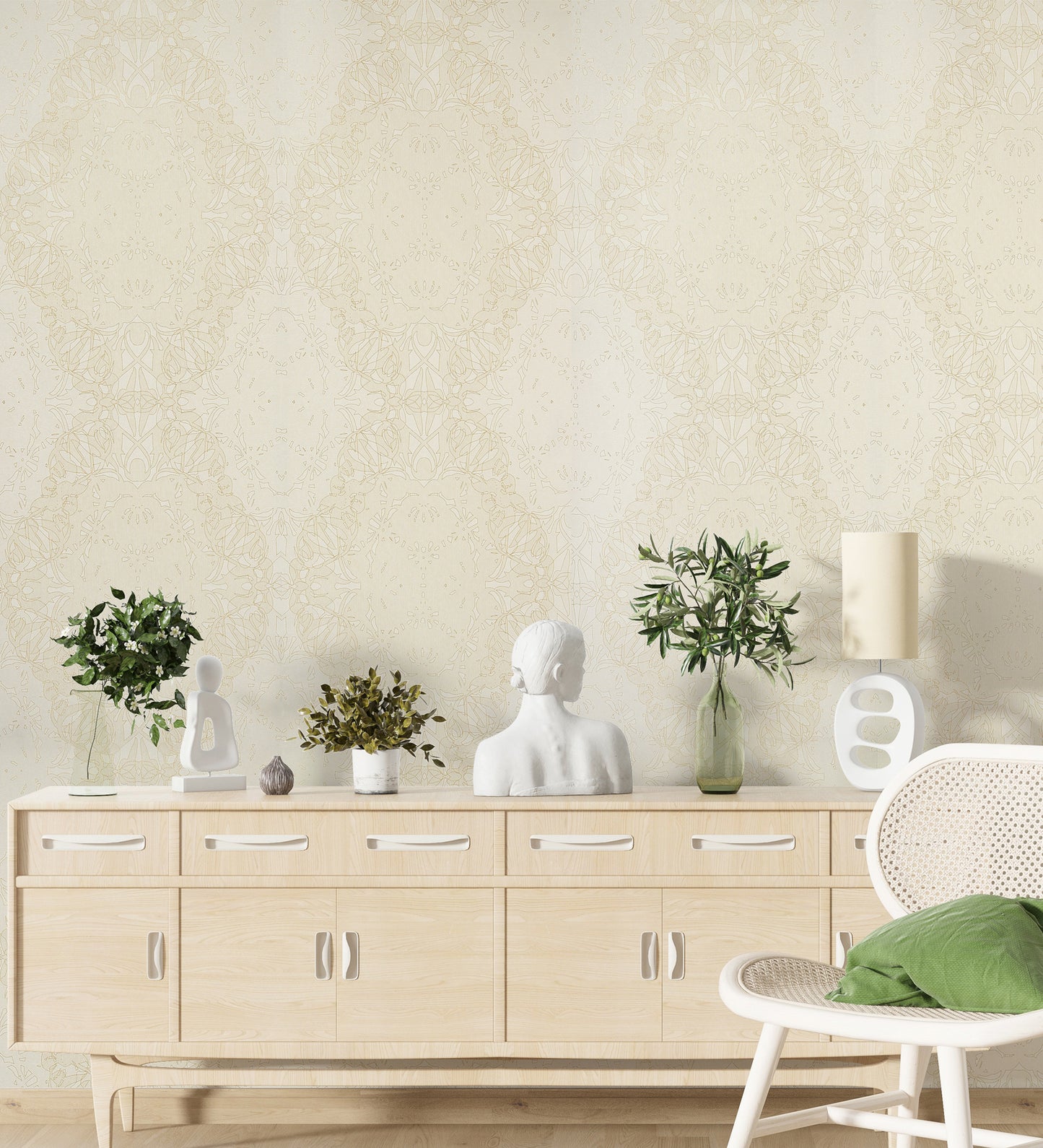 Zircon Beige Dotted Imperial Ogee Wallpaper 317061