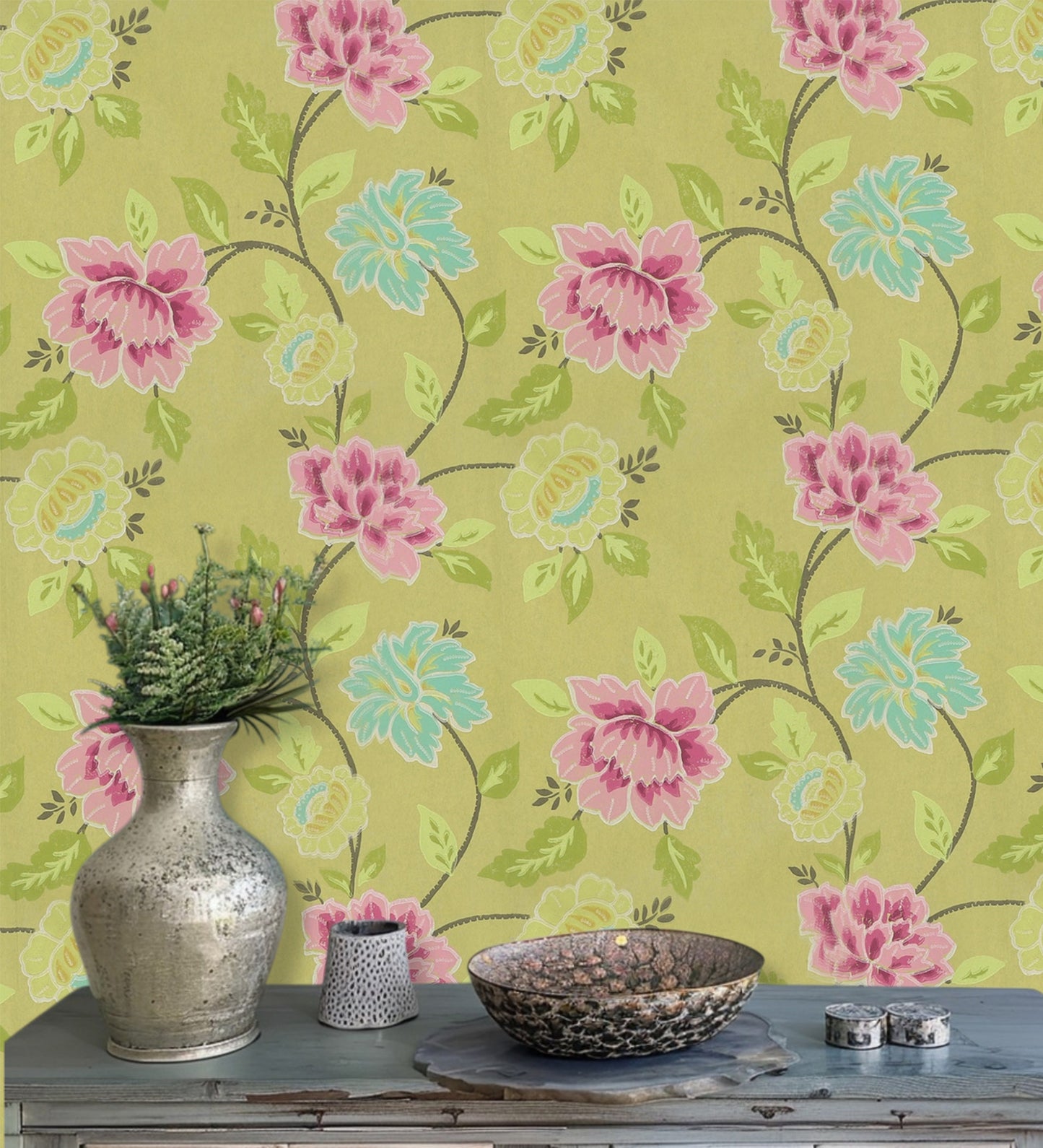Flamenco Dark Pink Flower & Leaf Design Wallpaper 320705