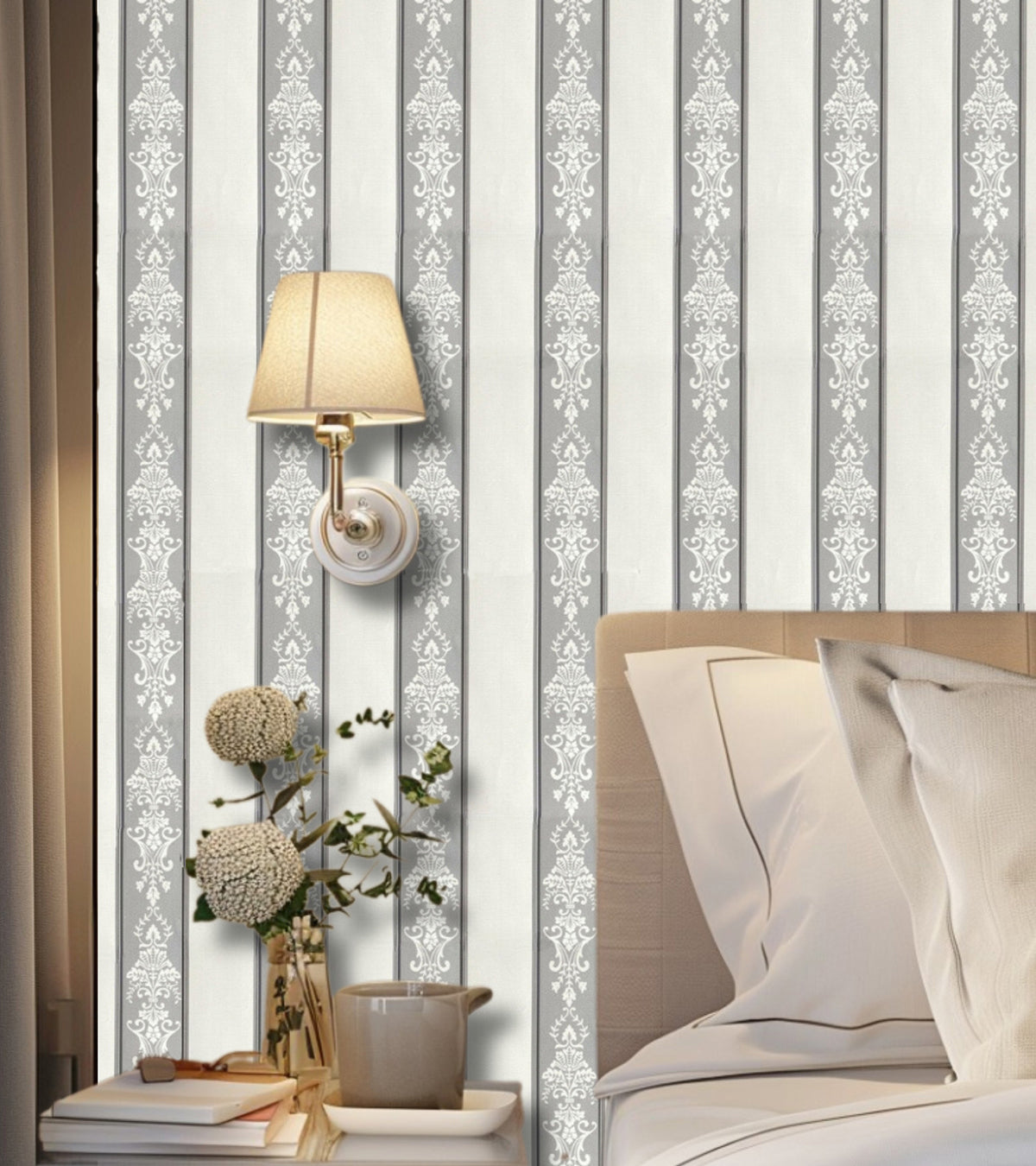 Lyndhurst Grey Striped Alternate Baroque Design Wallpaper 331965