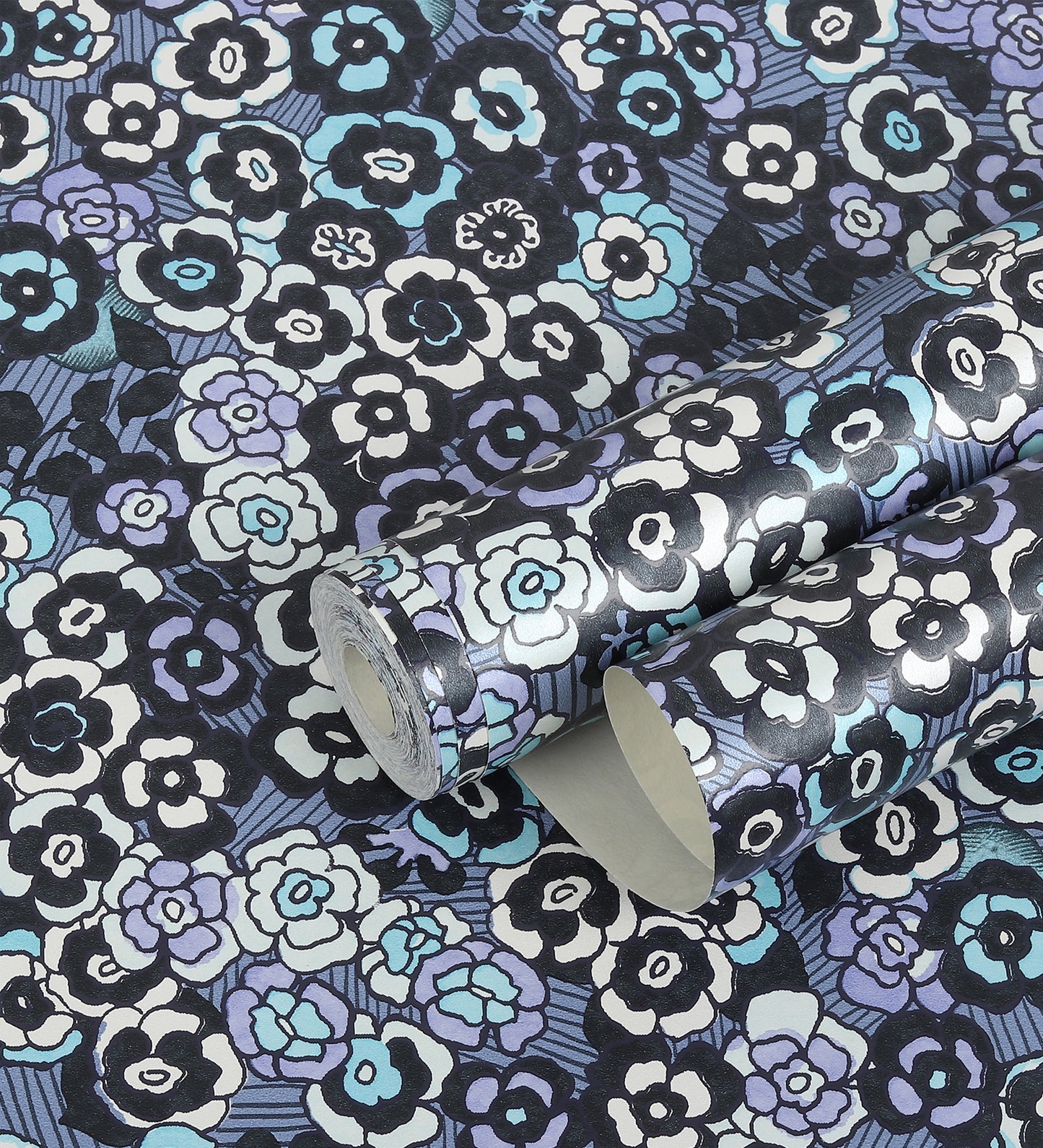 Raval Sky Blue, Black & White Floral Design Wallpaper 341503