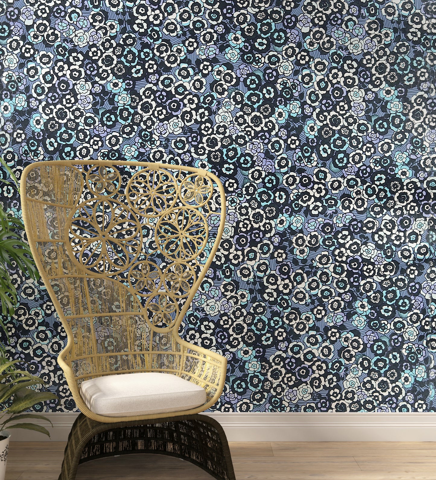 Raval Sky Blue, Black & White Floral Design Wallpaper 341503