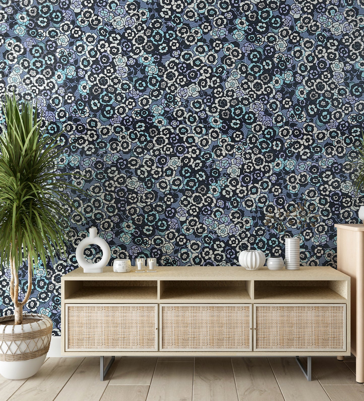 Raval Sky Blue, Black & White Floral Design Wallpaper 341503