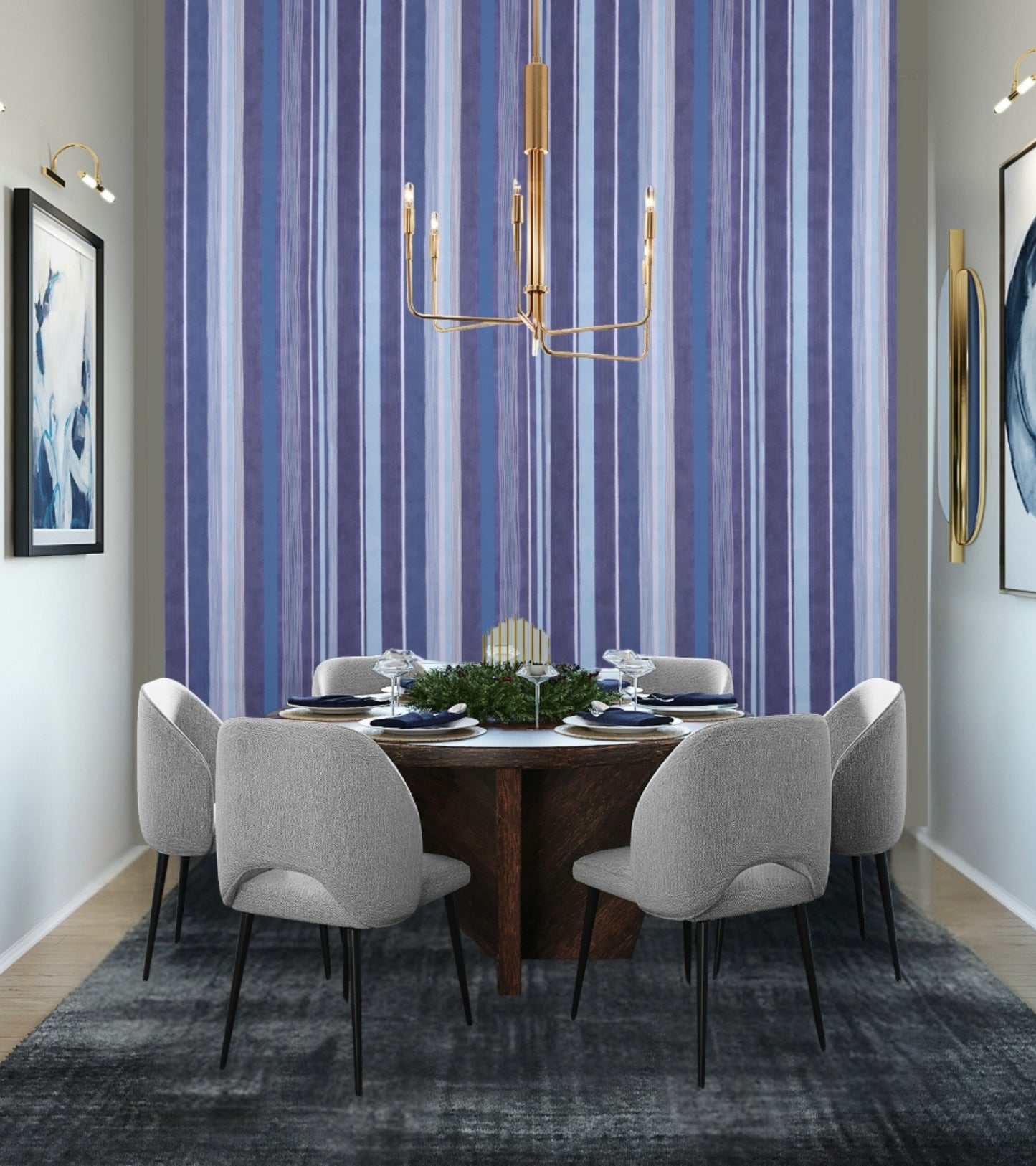 Raval White, Sky Blue & Brown Striped Design Wallpaper 341513