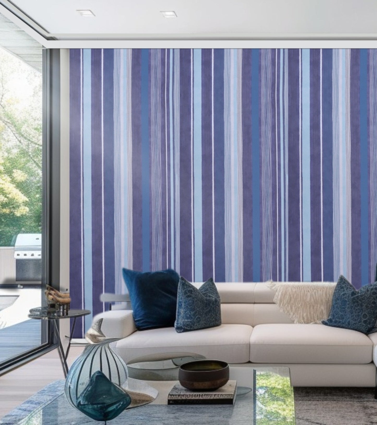 Raval White, Sky Blue & Brown Striped Design Wallpaper 341513