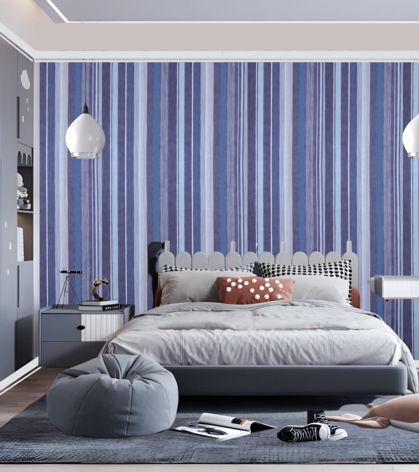 Raval White, Sky Blue & Brown Striped Design Wallpaper 341513