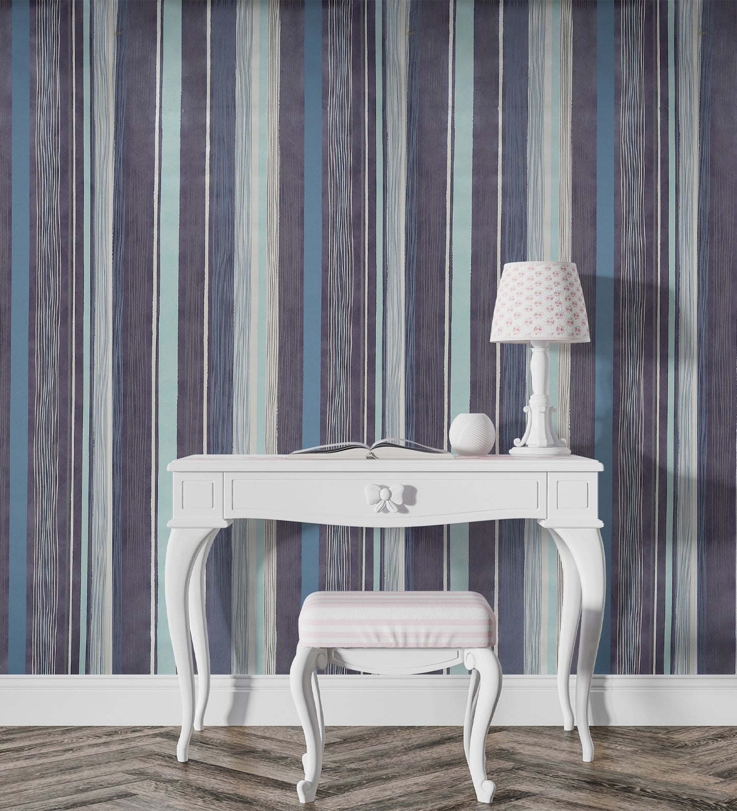 Raval White, Sky Blue & Brown Striped Design Wallpaper 341513