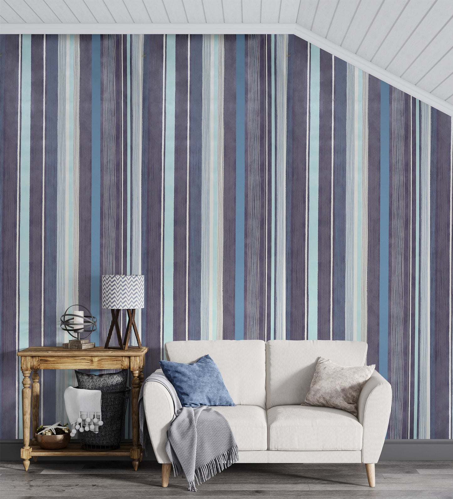 Raval White, Sky Blue & Brown Striped Design Wallpaper 341513