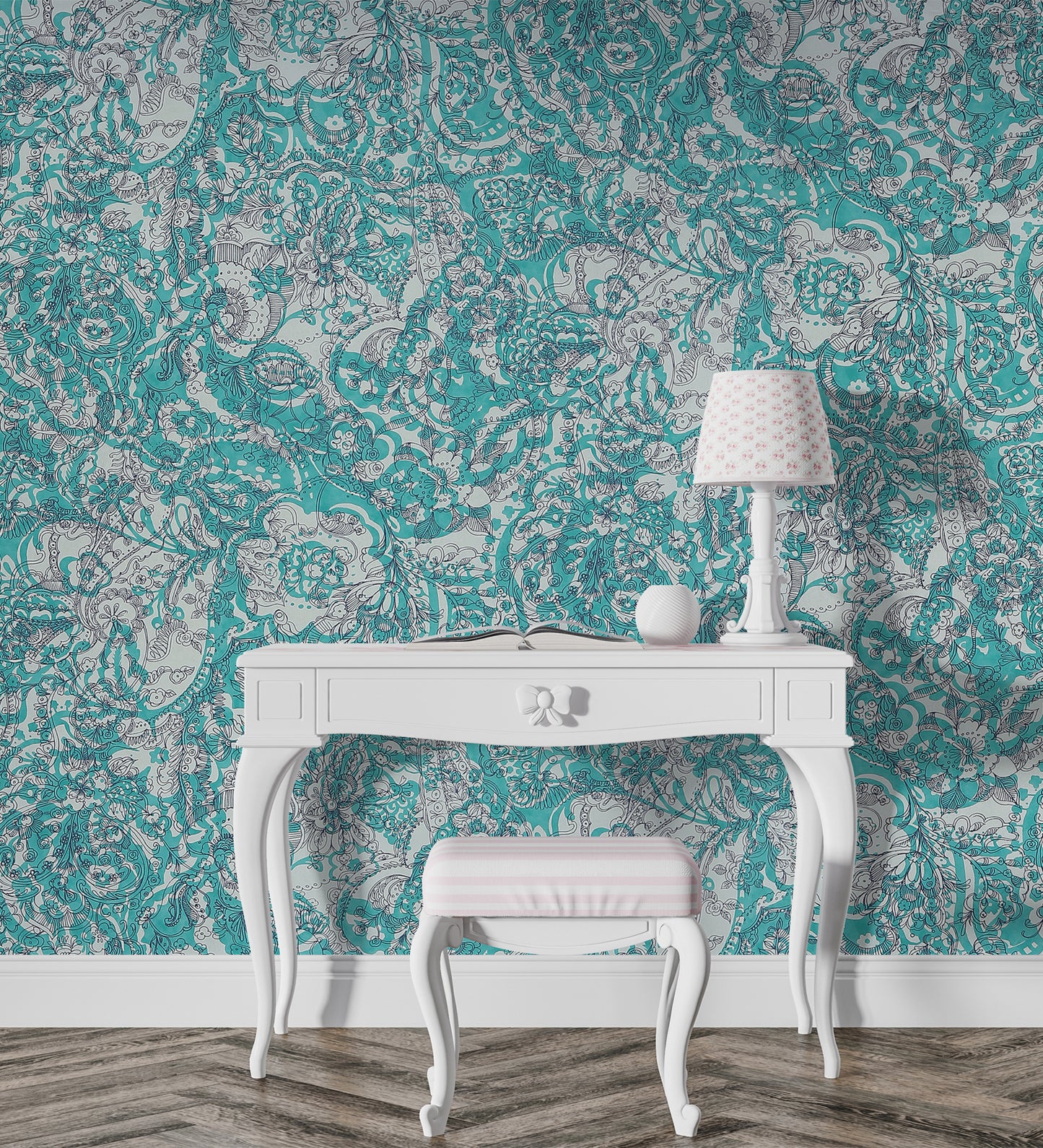 Raval Greenish Blue Floral Design Wallpaper 341520