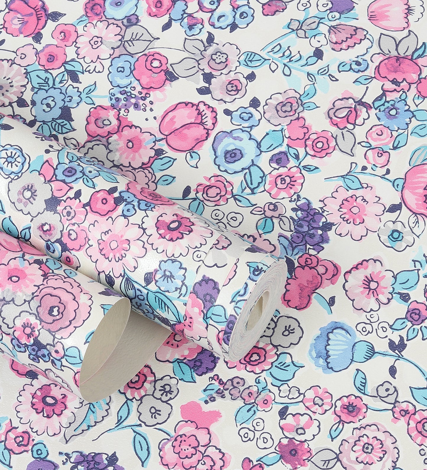 Raval Sky Blue, Pink & White Floral Design Wallpaper 341532