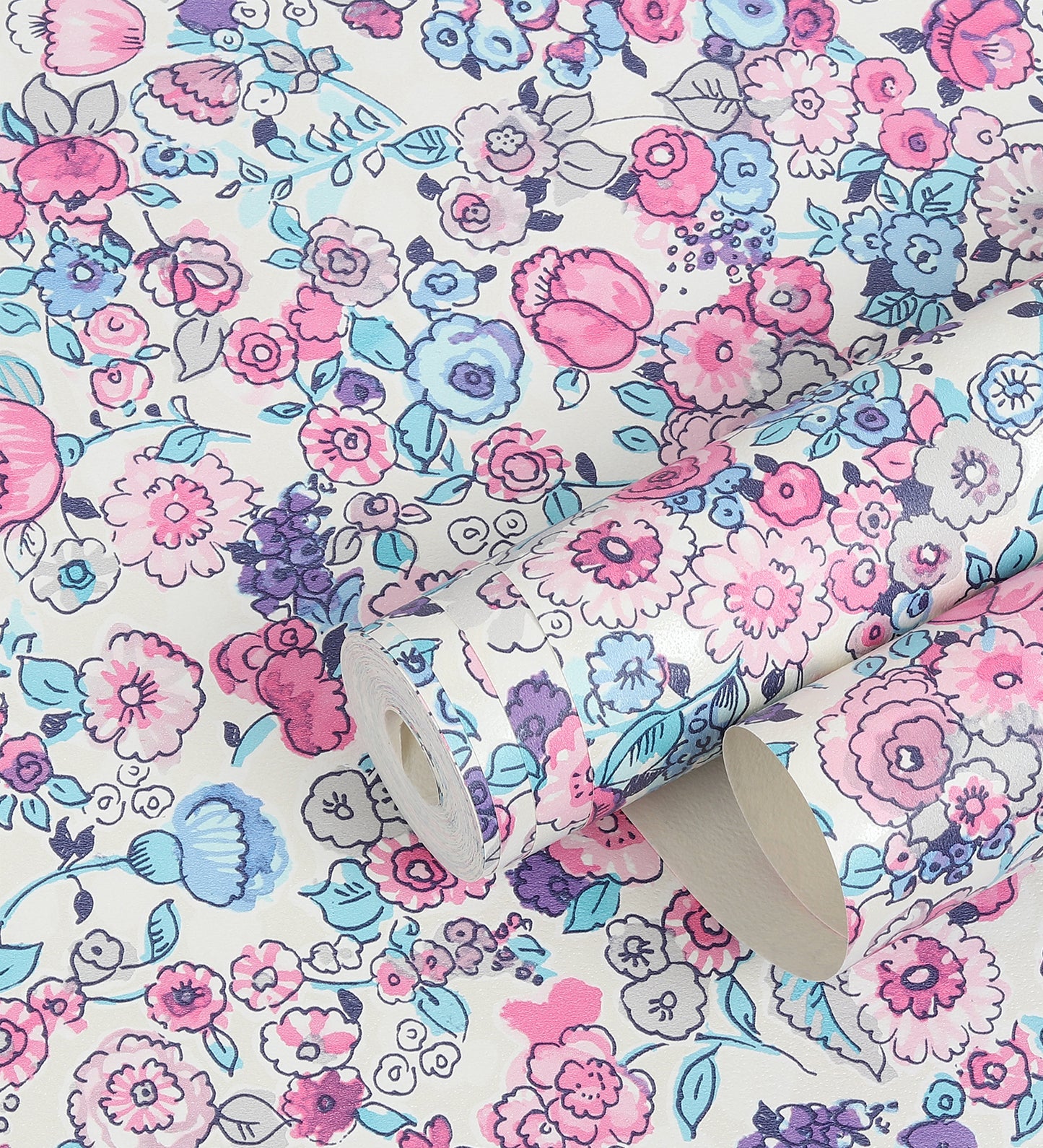 Raval Sky Blue, Pink & White Floral Design Wallpaper 341532