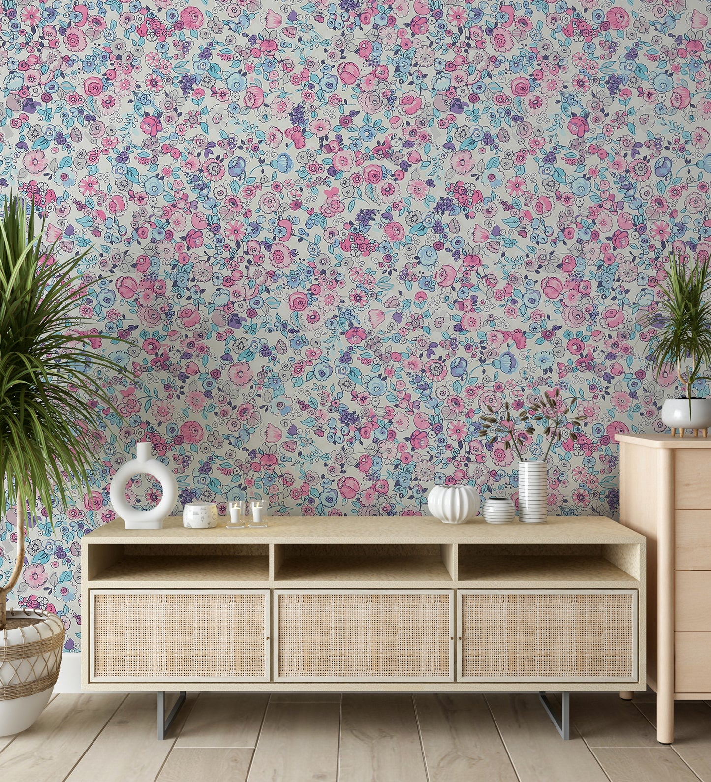 Raval Sky Blue, Pink & White Floral Design Wallpaper 341532