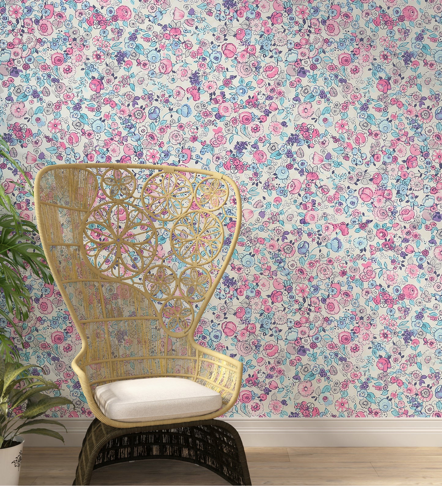 Raval Sky Blue, Pink & White Floral Design Wallpaper 341532