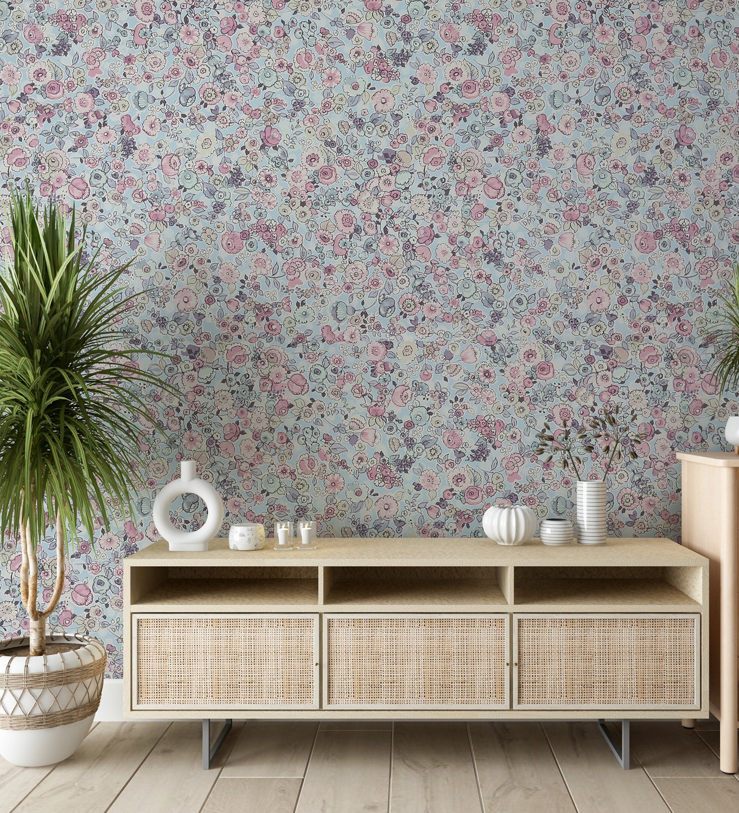 Raval Light Red, Light Yellow &Sky Blue Floral Design Wallpaper 341533