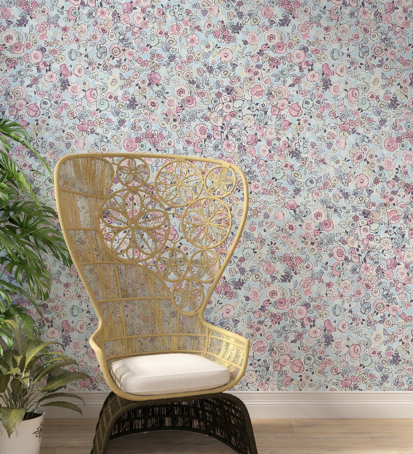 Raval Light Red, Light Yellow &Sky Blue Floral Design Wallpaper 341533