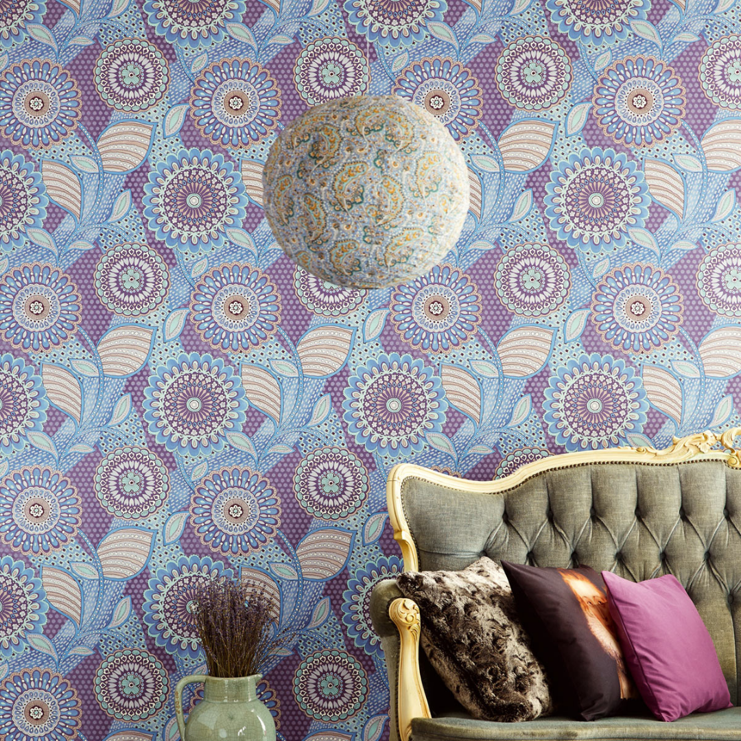 Raval Blue & Purple Floral Motif Design Wallpaper 341508