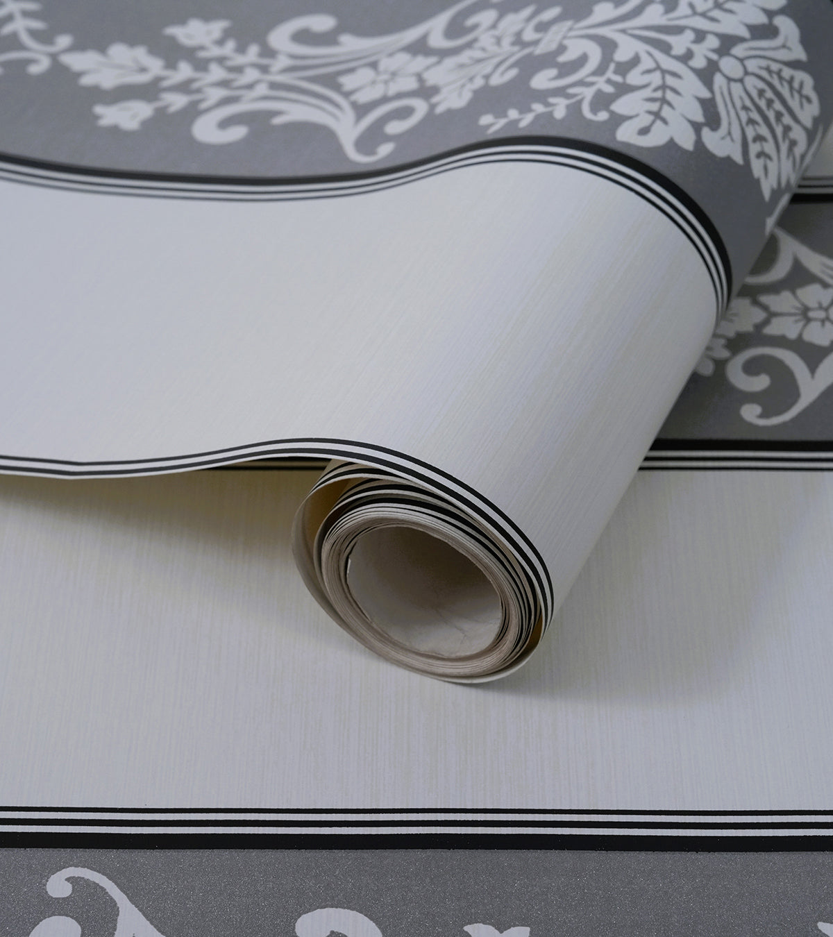Lyndhurst Grey Striped Alternate Baroque Design Wallpaper 331965