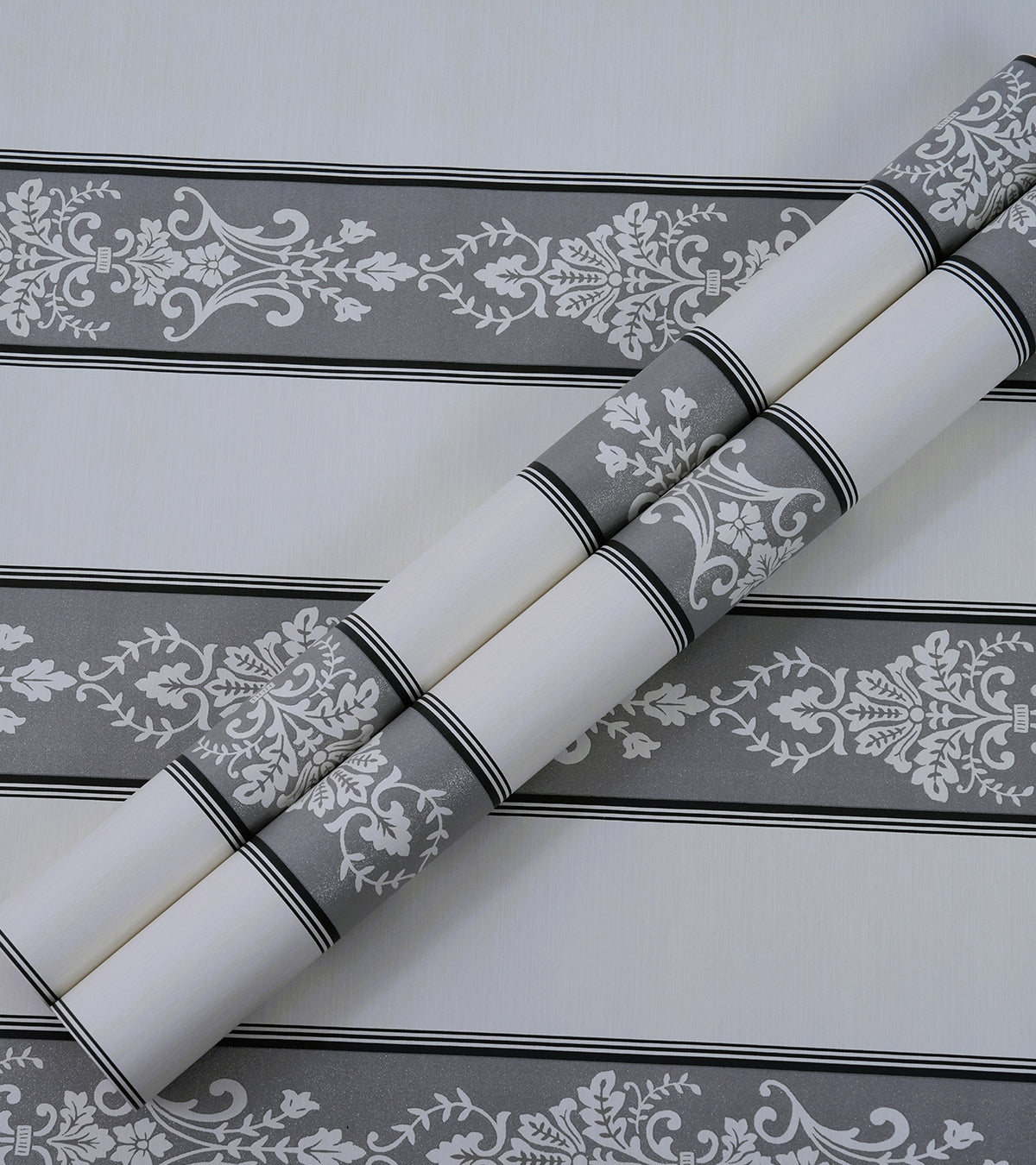 Lyndhurst Grey Striped Alternate Baroque Design Wallpaper 331965