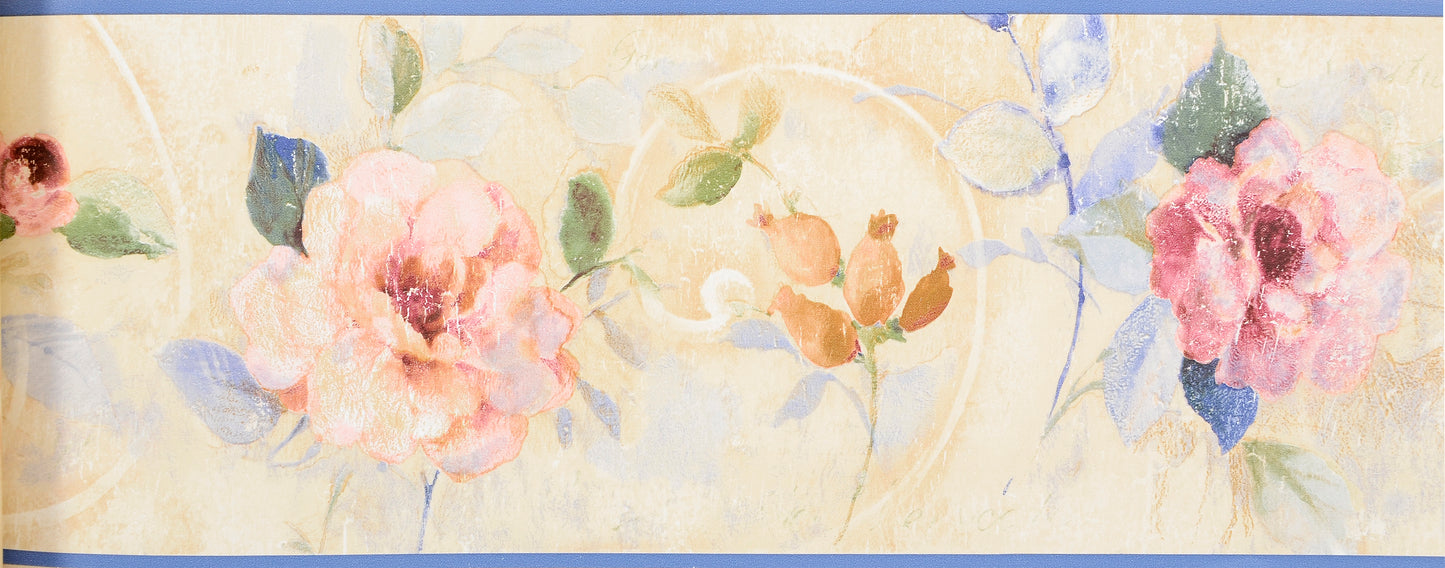 American Classic Pink Blue Roses Brown Swirl Motif Wallpaper 330883