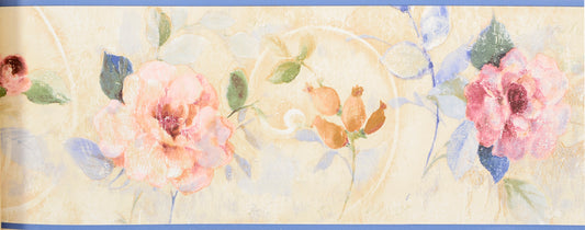 American Classic Pink Blue Roses Brown Swirl Motif Wallpaper 330883