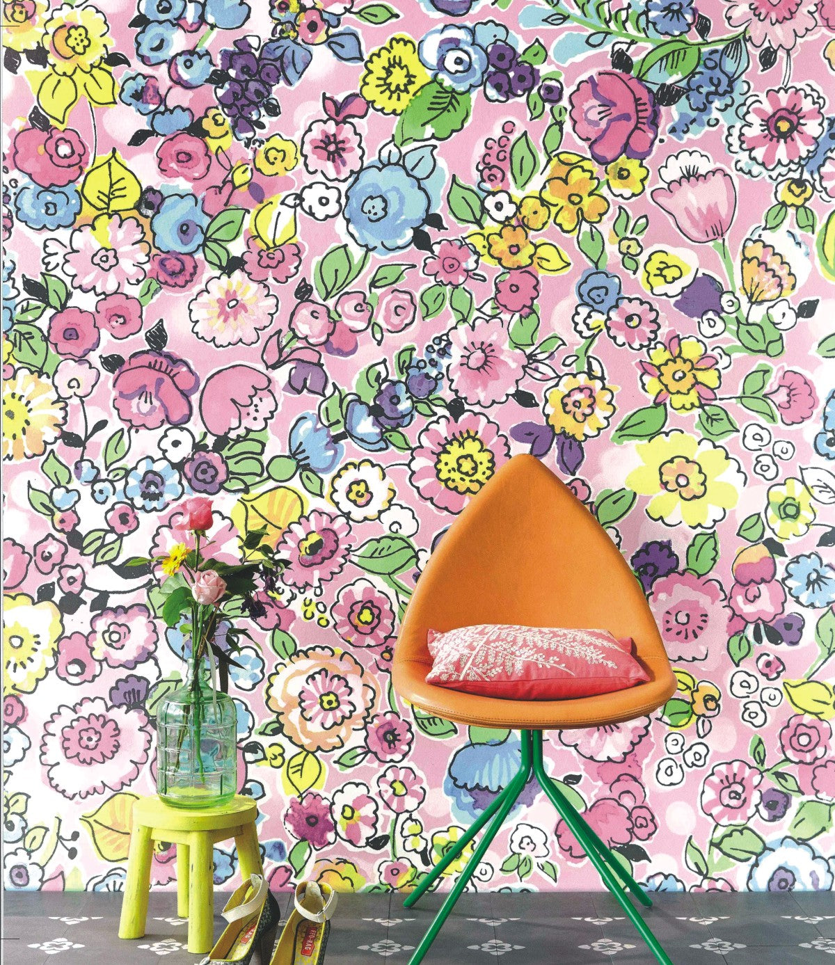 Raval Pink, Yellow & Blue Floral Design Wallpaper 341530