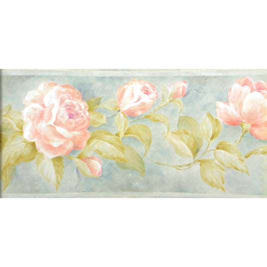American Classic Pink Blue Roses Motif Wallpaper 330877