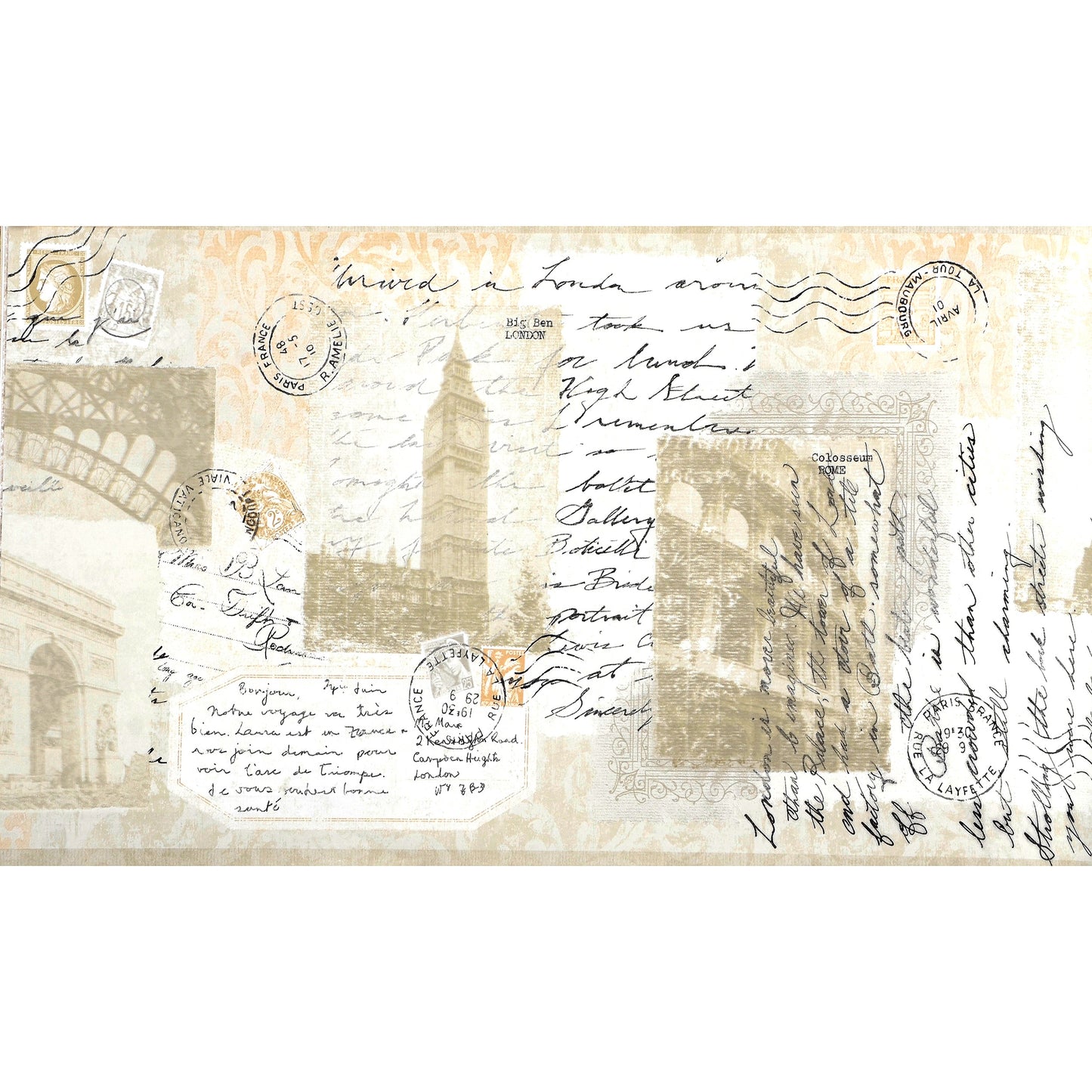 American Classic Brown Paris Stamp Motif Wallpaper 330830