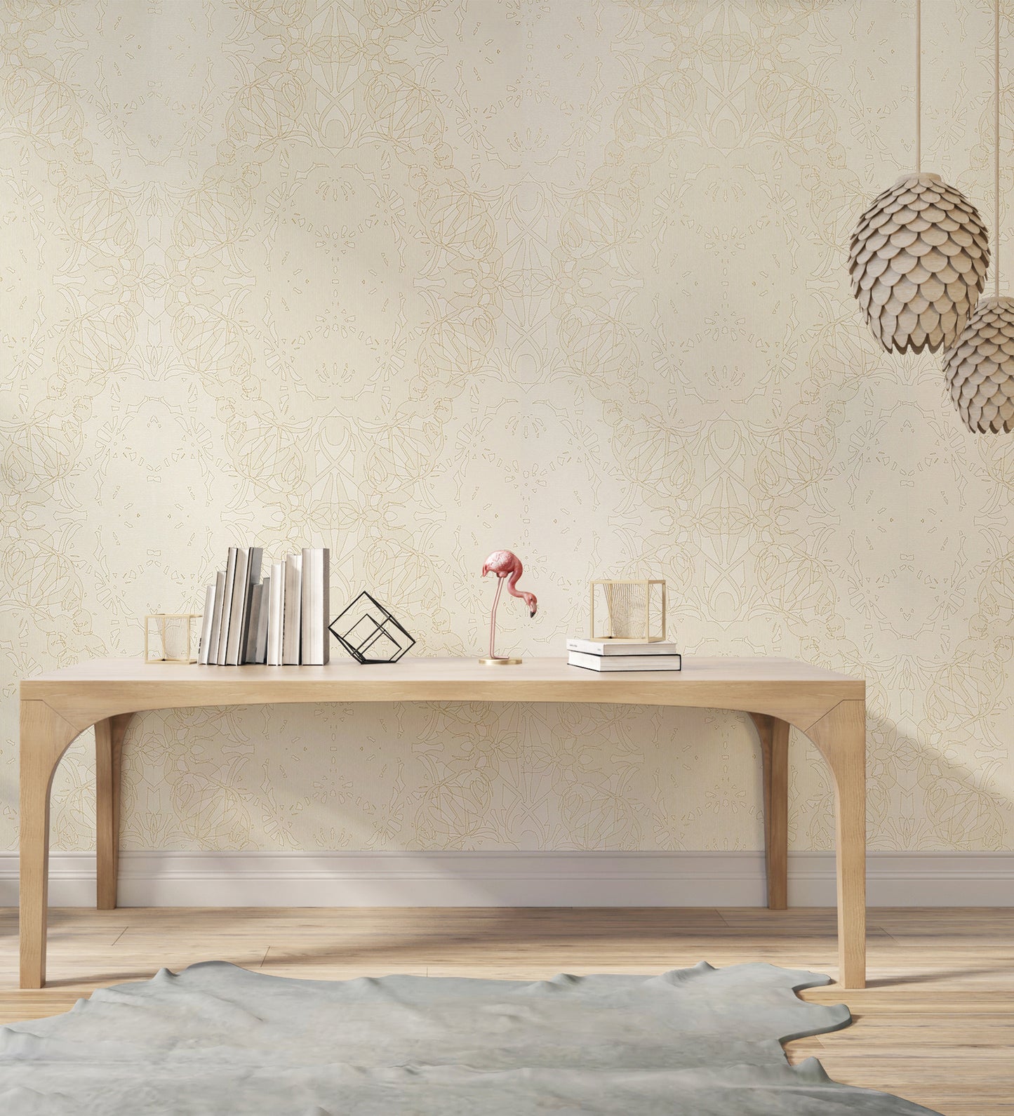Zircon Beige Dotted Imperial Ogee Wallpaper 317061