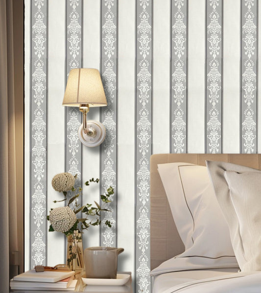 Lyndhurst Grey Striped Alternate Baroque Design Wallpaper 331965