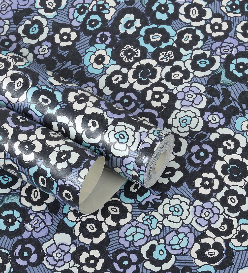 Raval Sky Blue, Black & White Floral Design Wallpaper 341503