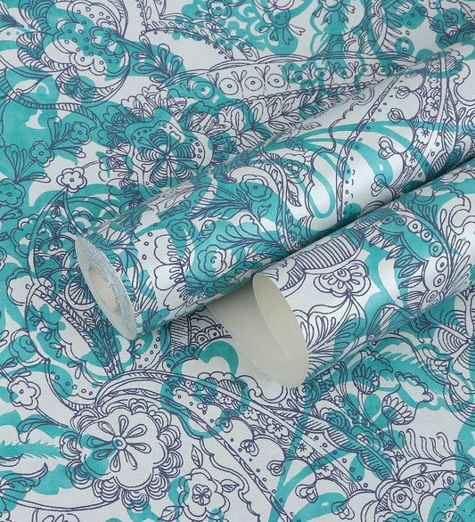 Raval Greenish Blue Floral Design Wallpaper 341520