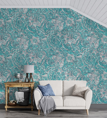 Raval Greenish Blue Floral Design Wallpaper 341520