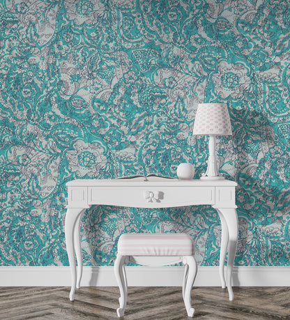 Raval Greenish Blue Floral Design Wallpaper 341520