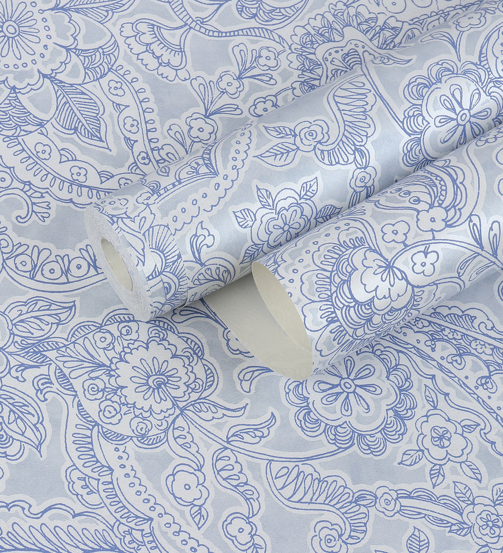 Raval Faded Blue Sketched  Floral Design Wallpaper 341525