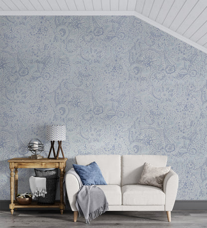 Raval Faded Blue Sketched  Floral Design Wallpaper 341525