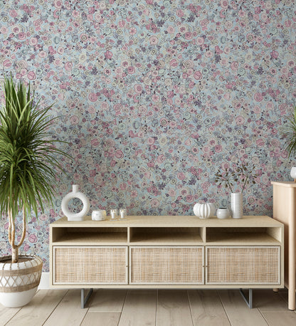 Raval Light Red, Light Yellow &Sky Blue Floral Design Wallpaper 341533