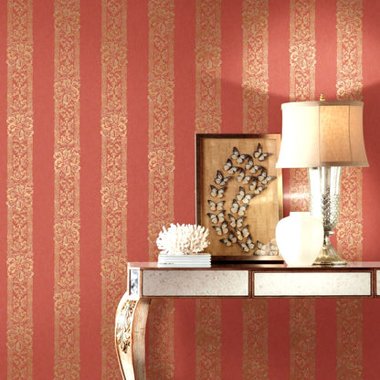 American Archive Brick Red Striped Trellis Moire Wallpaper 331775
